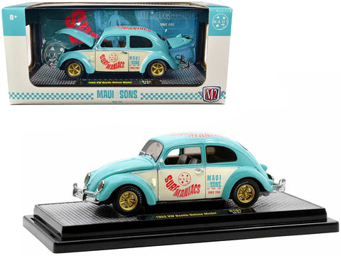 1952 Volkswagen Beetle Deluxe Model Light Blue and Wimbledon White "Maui & Sons" Limited Edition to 3850 pieces Worldwide 1/24 Diecast Model Car by M2 Machines