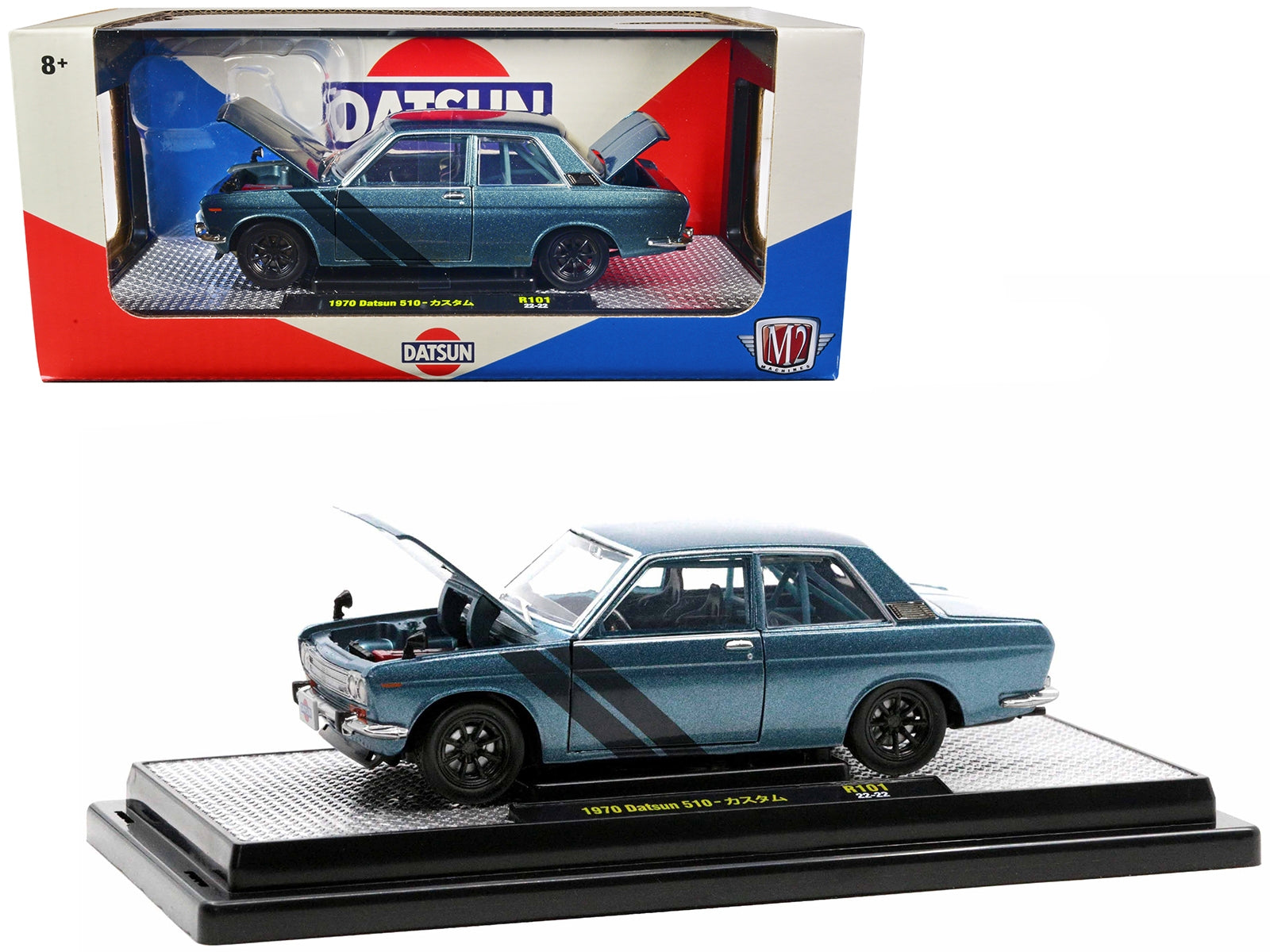 1970 Datsun 510 Blue Metallic with Dark Blue Stripes Limited Edition to 3850 pieces Worldwide 1/24 Diecast Model Car by M2 Machines
