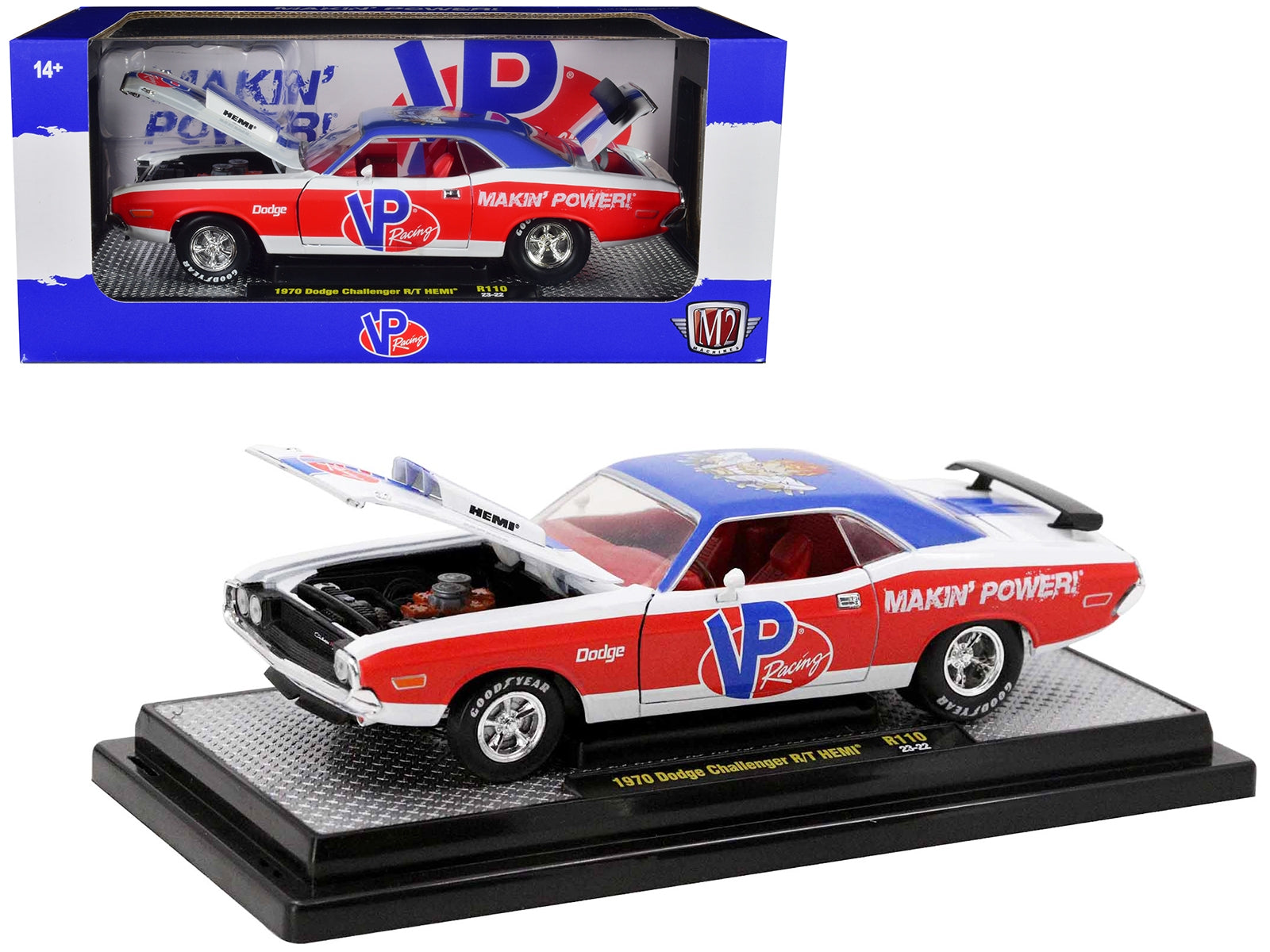 1970 Dodge Challenger R/T Hemi White with Red and Blue Stripes with Red Interior "VP Racing" Limited Edition to 5710 pieces Worldwide 1/24 Diecast Model Car by M2 Machines