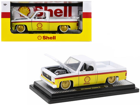 1973 Chevrolet Cheyenne 10 Pickup Truck White and Yellow with Red Stripes "Shell Oil" Limited Edition to 7050 pieces Worldwide 1/24 Diecast Model Car by M2 Machines