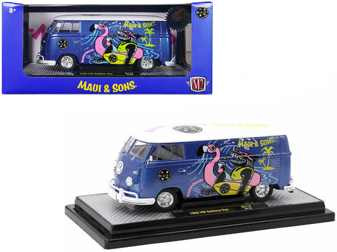 1960 Volkswagen Delivery Van Blue Metallic with White Top "Maui and Sons" Limited Edition to 6550 pieces Worldwide 1/24 Diecast Model Car by M2 Machines