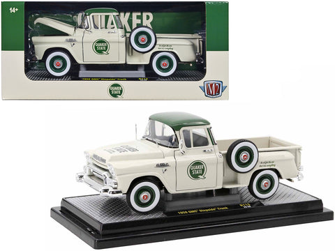 1958 GMC Stepside Pickup Truck Light Beige with Green Top "Quaker State" Limited Edition to 6650 pieces Worldwide 1/24 Diecast Model Car by M2 Machines