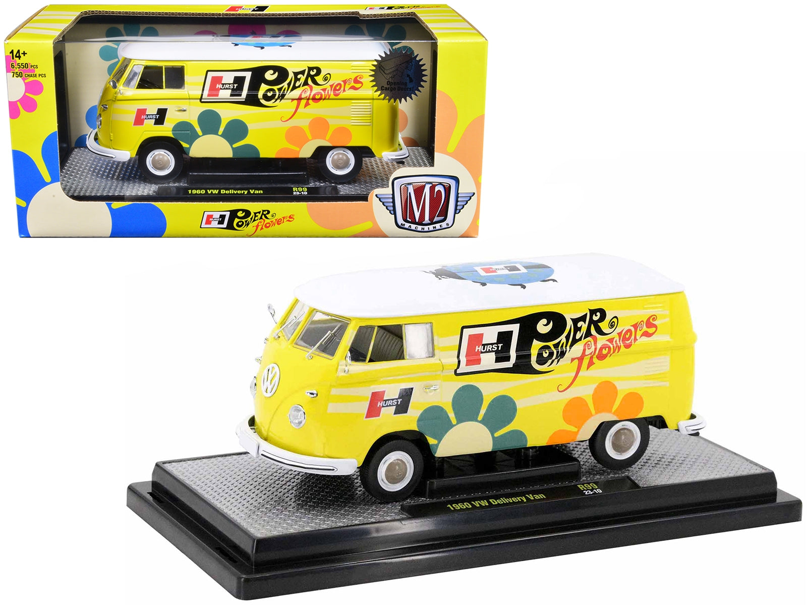 1960 Volkswagen Delivery Van Yellow with Bright White Top and Flower Graphics "Hurst Power Flowers" Limited Edition to 6550 pieces Worldwide 1/24 Diecast Model Car by M2 Machines