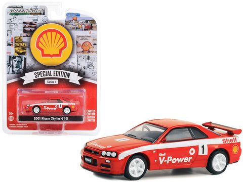 2001 Nissan Skyline GT-R (R34) #1 Red with White Stripes "Shell Racing" "Shell Oil Special Edition" Series 1 1/64 Diecast Model Car by Greenlight