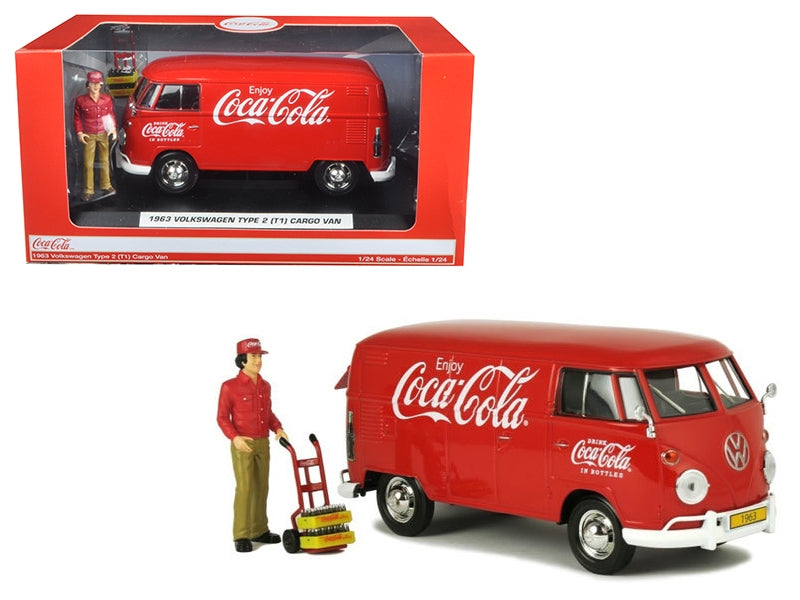 1963 Volkswagen Type 2 (T1) "Coca-Cola" Cargo Van with Delivery Driver Figurine with Handcart and Two Bottle Cases 1/24 Diecast Model Car by Motorcity Classics