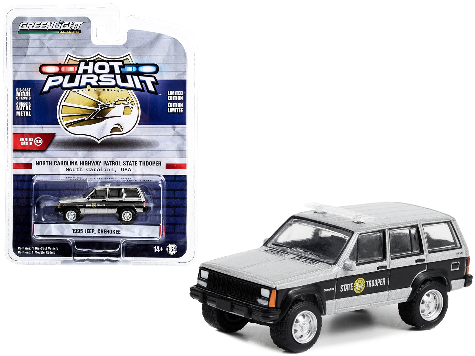 1995 Jeep Cherokee Black and Silver Metallic "North Carolina Highway Patrol State Trooper" "Hot Pursuit" Series 43 1/64 Diecast Model Car by Greenlight