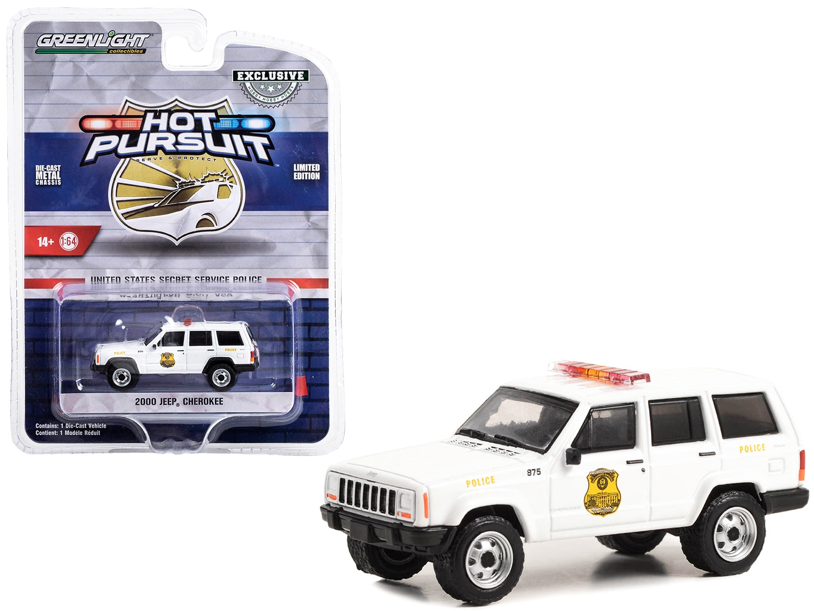 2000 Jeep Cherokee White "United States Secret Service Police" Washington DC "Hot Pursuit" Special Edition 1/64 Diecast Model Car by Greenlight