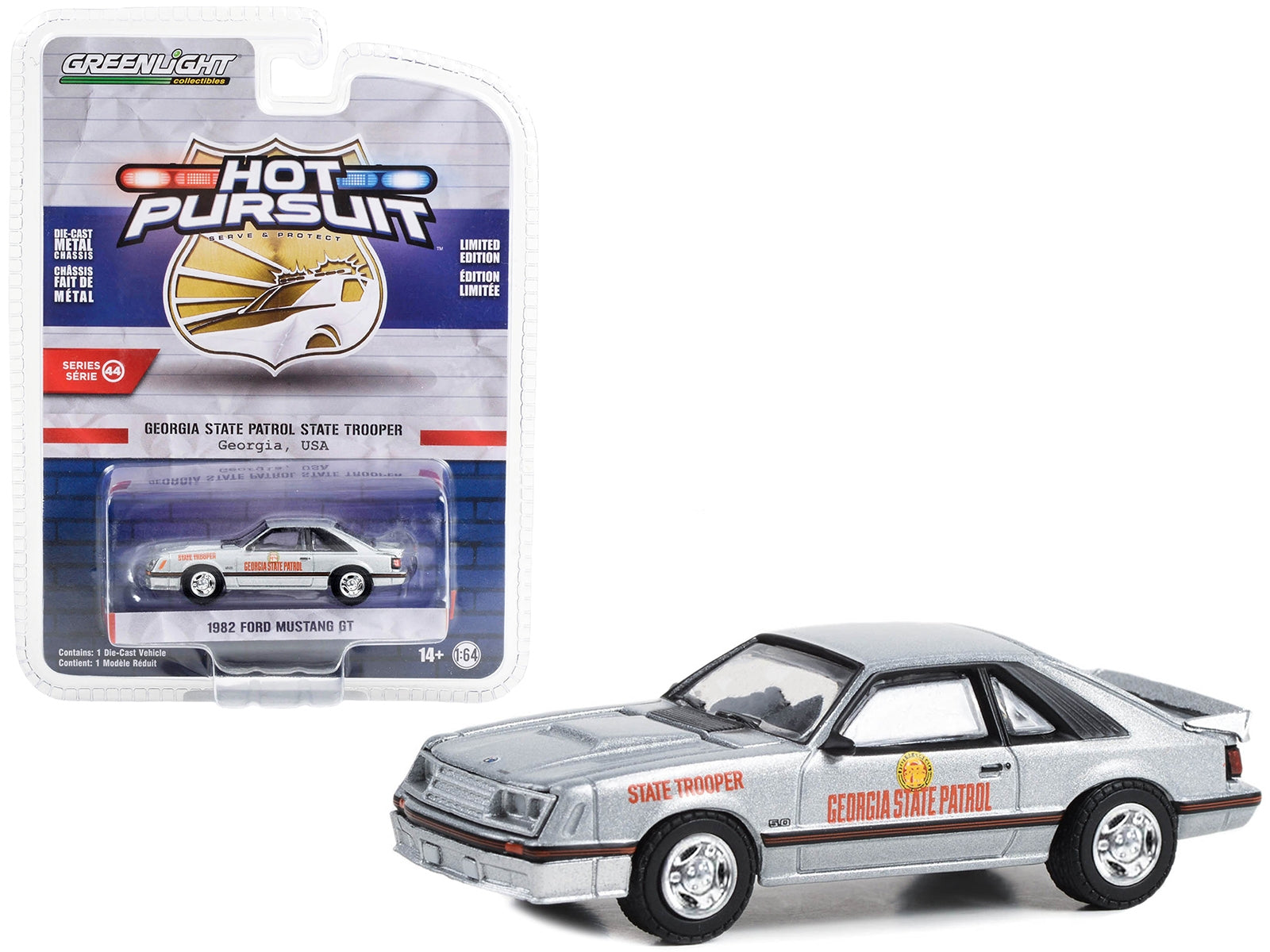 1982 Ford Mustang GT Silver Metallic "Georgia State Patrol State Trooper" "Hot Pursuit" Series 44 1/64 Diecast Model Car by Greenlight