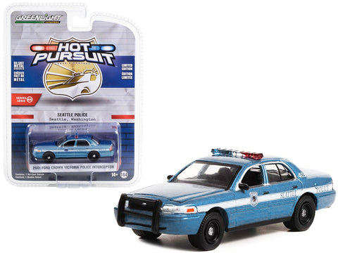 2001 Ford Crown Victoria Police Interceptor Blue Metallic "Seattle Police Seattle Washington" "Hot Pursuit" Series 44 1/64 Diecast Model Car by Greenlight