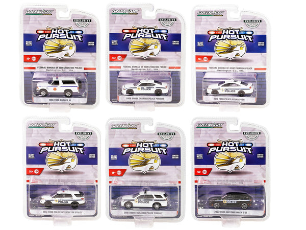 "Hot Pursuit" Special Edition "FBI Police (Federal Bureau of Investigation Police)" Set of 6 Police Cars 1/64 Diecast Model Cars by Greenlight