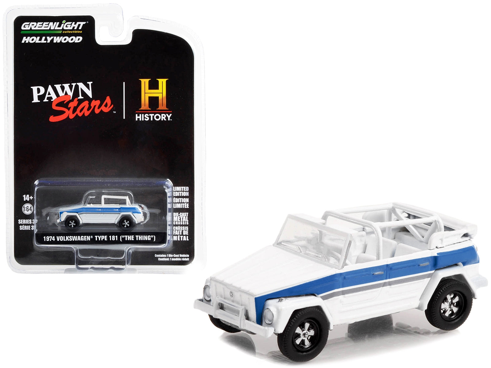 1974 Volkswagen Thing (Type 181) White with Blue Stripes "Pawn Stars" (2009-Current) TV Series "Hollywood Series" Release 37 1/64 Diecast Model Car by Greenlight