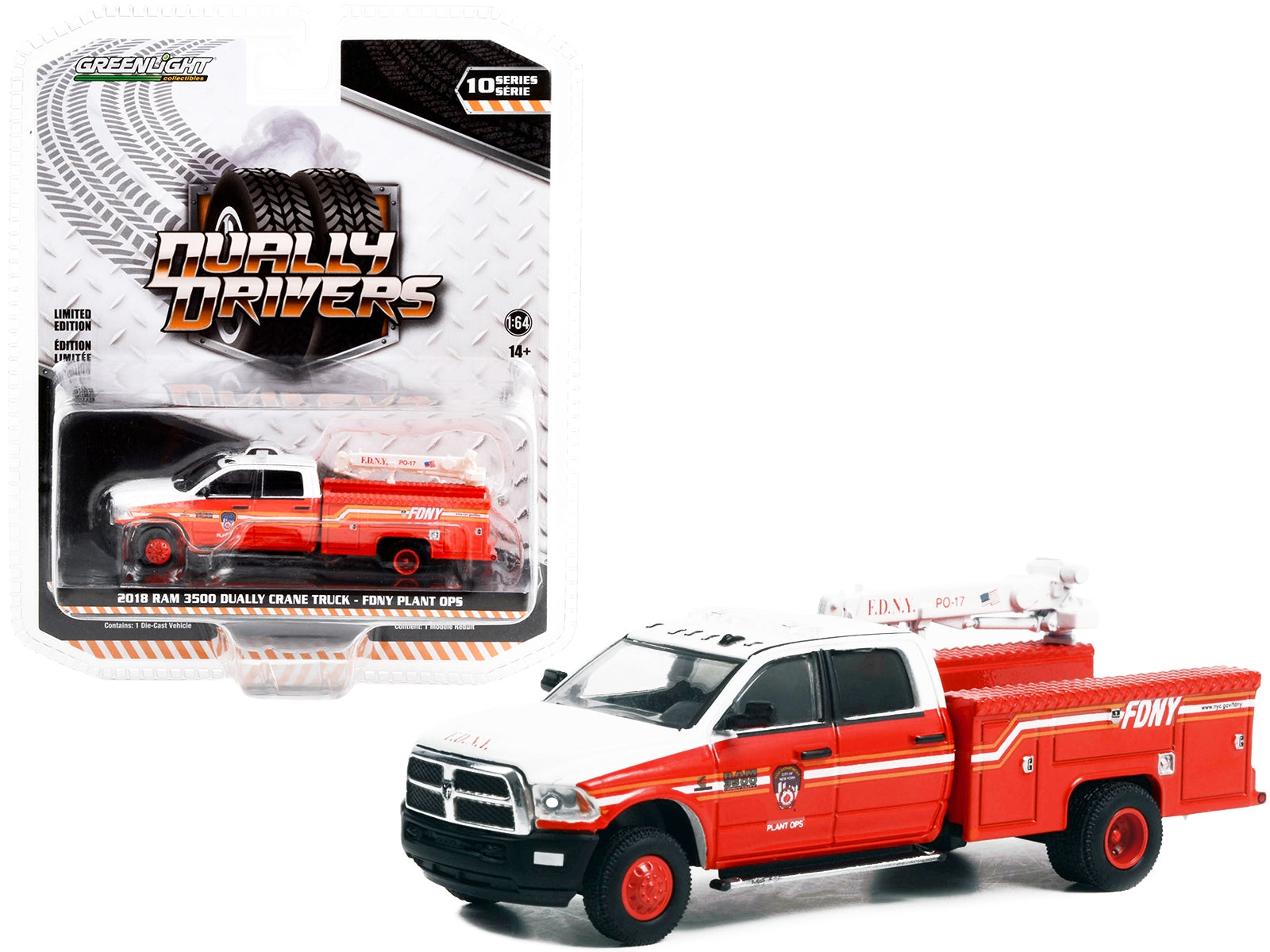 2018 Ram 3500 Dually Crane Truck Red and White with Stripes "FDNY (Fire Department of the City of New York) Plant Ops" "Dually Drivers" Series 10 1/64 Diecast Model Car by Greenlight