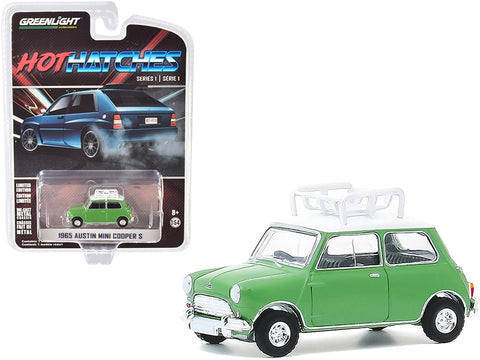 1965 Austin Mini Cooper S with Roof Rack Green with White Top "Hot Hatches" Series 1 1/64 Diecast Model Car by Greenlight