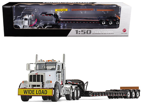 Peterbilt 367 Day Cab White and Talbert 55SA Tri-Axle Lowboy Trailer Black 1/50 Diecast Model by First Gear