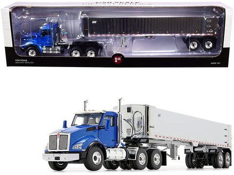 Kenworth T880 Day Cab with East Genesis End Dump Trailer Surf Blue Metallic and Chrome 1/50 Diecast Model by First Gear