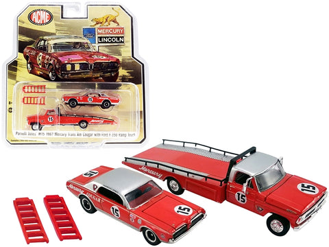 Ford F-350 Ramp Truck with 1967 Mercury Trans Am Cougar #15 Parnelli Jones Red with Silver Top "ACME Exclusive" 1/64 Diecast Model Cars by Greenlight for ACME