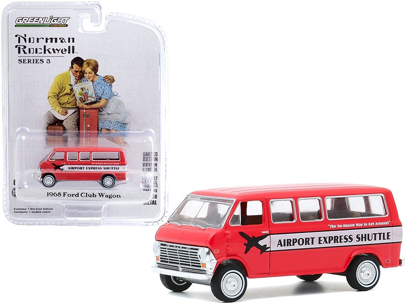 1968 Ford Club Wagon Bus "Airport Express Shuttle" Red with White Stripe "Norman Rockwell" Series 3 1/64 Diecast Model Car by Greenlight