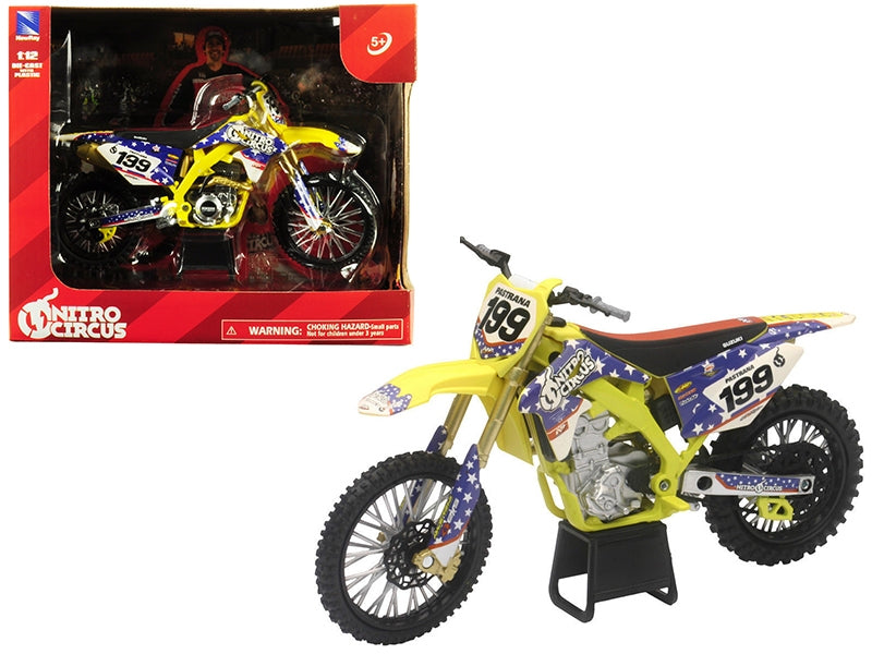 Suzuki RMZ450 Nitro Circus #199 Travis Pastrana Yellow/Blue 1/12 Diecast Motorcycle Model by New Ray