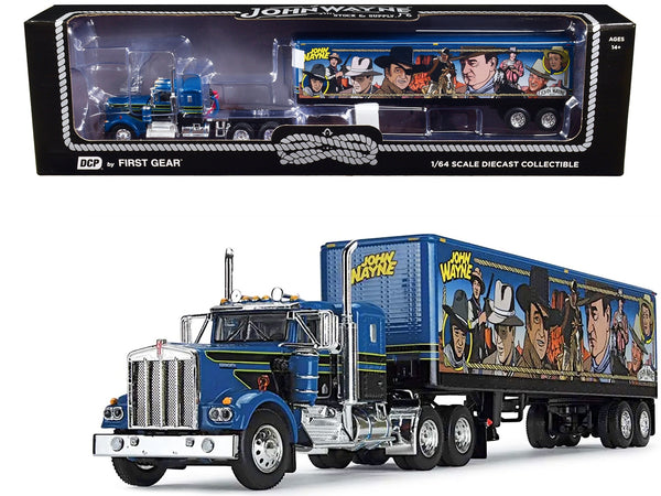 Kenworth W900A with Sleeper and 40' Vintage Trailer "John Wayne: Comic Edition" Blue with Black Stripes 1/64 Diecast Model by DCP/First Gear
