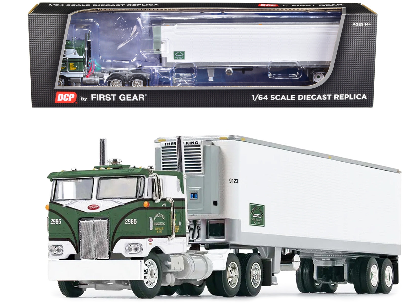 Peterbilt 352 COE 86" Sleeper and 40' Vintage Refrigerated Trailer Green with Graphics "Midwest Coast Transport" "Fallen Flag" Series 1/64 Diecast Model by DCP/First Gear