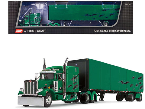 Peterbilt 359 with 63" Mid-Roof Sleeper and Utility Roll Tarp Trailer Green Metallic with Black Graphics 1/64 Diecast Model by DCP/First Gear
