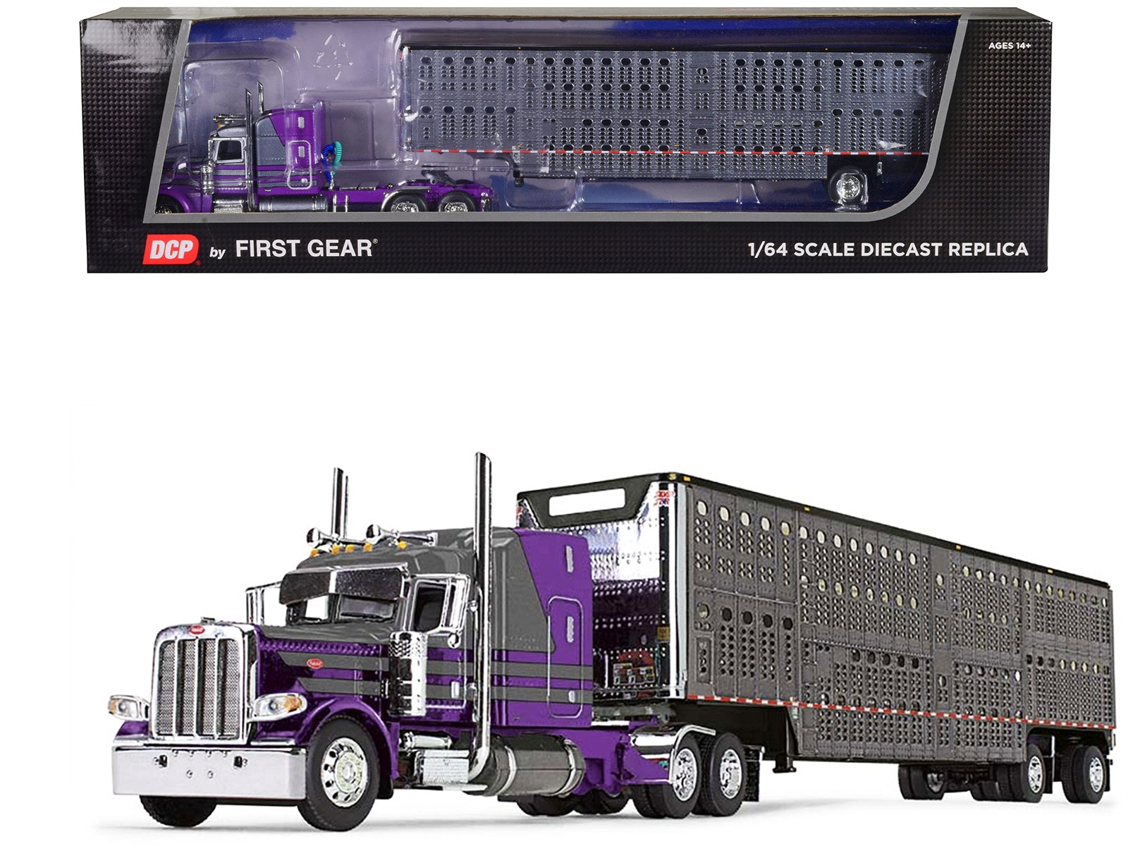 Peterbilt 389 with 63" Mid-Roof Sleeper and Wilson Silverstar Livestock Trailer Purple and Gunmetal Gray 1/64 Diecast Model by DCP/First Gear