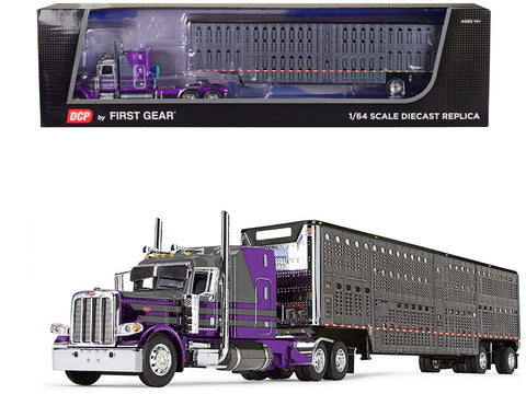 Peterbilt 389 with 63" Mid-Roof Sleeper and Wilson Silverstar Livestock Trailer Purple and Gunmetal Gray 1/64 Diecast Model by DCP/First Gear
