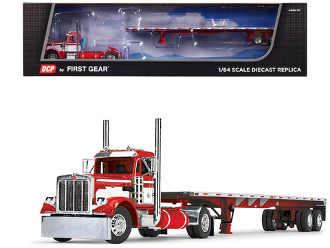 Peterbilt 359 Day Cab and 48' Utility Flatbed Trailer Red and White 1/64 Diecast Model by DCP/First Gear