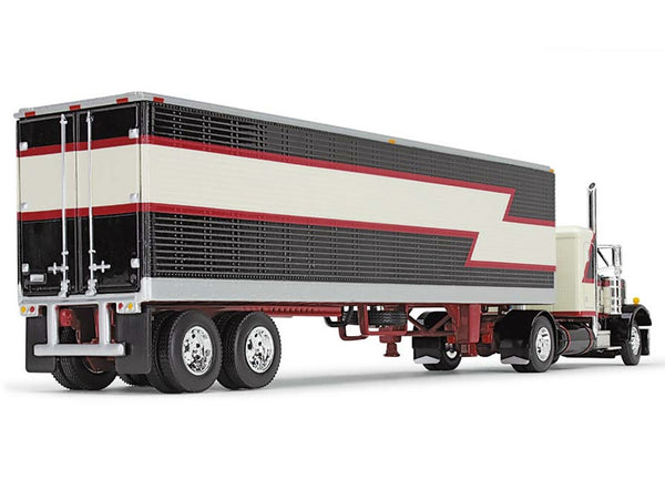 Peterbilt 359 with 36" Flat Top Sleeper and 40' Vintage Dry Goods Trailer Black with Cream and Red Stripes 1/64 Diecast Model by DCP/First Gear