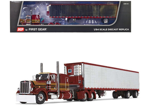Peterbilt 379 with 63" Flat Top Sleeper and 53' Refrigerated Ribbed Sided Trailer Red Metallic with Stripes 1/64 Diecast Model by DCP/First Gear
