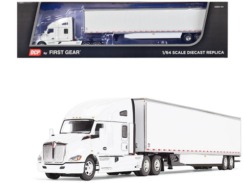 Kenworth T680 with 76" High Roof Sleeper and 53' Smooth Sided Dry Goods Trailer White 1/64 Diecast Model by DCP/First Gear