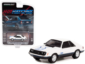 1979 Ford Mustang Cobra White with Medium Blue Glow Graphics "Hot Hatches" Series 2 1/64 Diecast Model Car by Greenlight