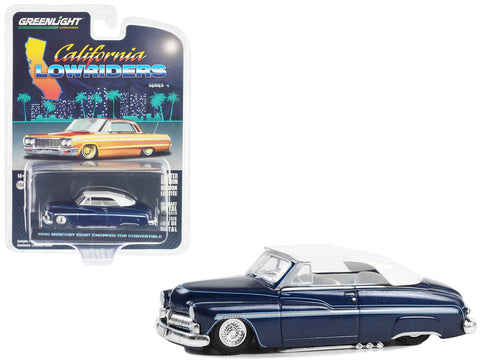 1950 Mercury Eight Chopped Top Convertible Lowrider Dark Blue Metallic with Light Blue Pinstripes and White Top and Interior "California Lowriders" Series 4 1/64 Diecast Model Car by Greenlight