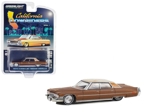 1973 Cadillac Sedan DeVille Dark Brown Metallic with Light Brown Pinstripes and White Top "California Lowriders" Series 4 1/64 Diecast Model Car by Greenlight