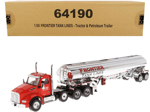 Kenworth T880 SBFA Tandem Day Cab Truck with Pusher Axle and Heil FD9300/DT-C4 Petroleum Tanker Trailer "Frontier Tank Lines" Red and Chrome "Transport Series" Limited Edition to 500 pieces Worldwide 1/50 Diecast Model by Diecast Masters