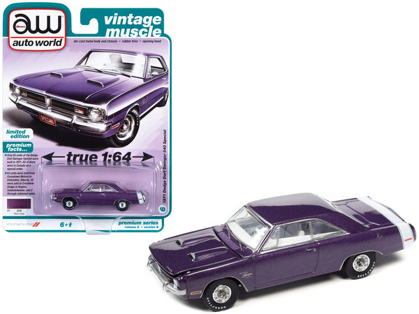 1971 Dodge Dart Swinger 340 Special Plum Crazy Purple Metallic with White Tail Stripe "Vintage Muscle" Limited Edition 1/64 Diecast Model Car by Auto World