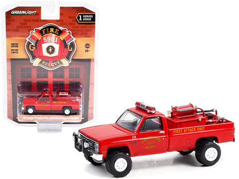 1986 Chevrolet C20 Custom Deluxe Pickup Truck Red First Attack Unit Fire Equipment and Hose and Tank "Lawrenceburg Fire Department" (Indiana) "Fire & Rescue" Series 1 1/64 Diecast Model Car by Greenlight