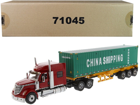 International LoneStar Sleeper Cab Red with Skeleton Trailer and 40' Dry Goods Sea Container "China Shipping" Green "Transport Series" 1/50 Diecast Model by Diecast Masters