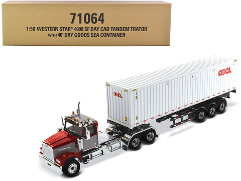 Western Star 4900 SF Tandem Day Cab Truck Tractor Red and Gray with 40' Dry Goods Sea Container "OOCL" White "Transport Series" 1/50 Diecast Model by Diecast Masters