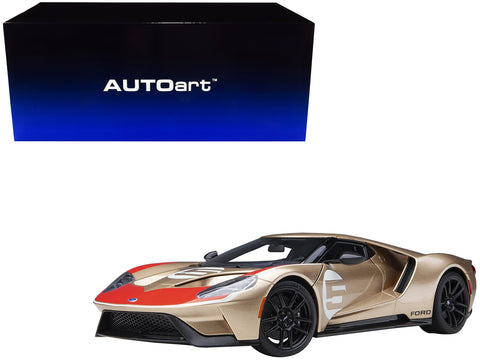 Ford GT Heritage Edition #5 "Holman Moody" Gold Metallic with Red and White Graphics 1/18 Model Car by Autoart