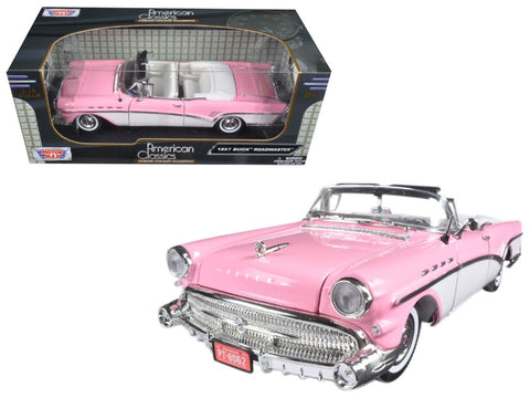 1957 Buick Roadmaster Convertible Pink and White 1/18 Diecast Model Car by Motormax