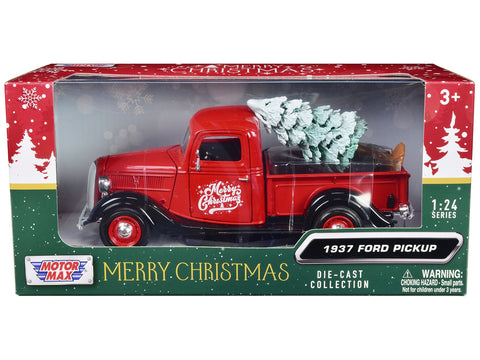 1937 Ford Pickup Truck Red and Black "Merry Christmas" with Tree Accessory 1/24 Diecast Model Car by Motormax