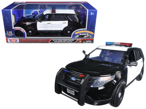 2015 Ford Police Interceptor Utility Black and White with Flashing Light Bar and Front and Rear Lights and 2 Sounds 1/18 Diecast Model Car by Motormax