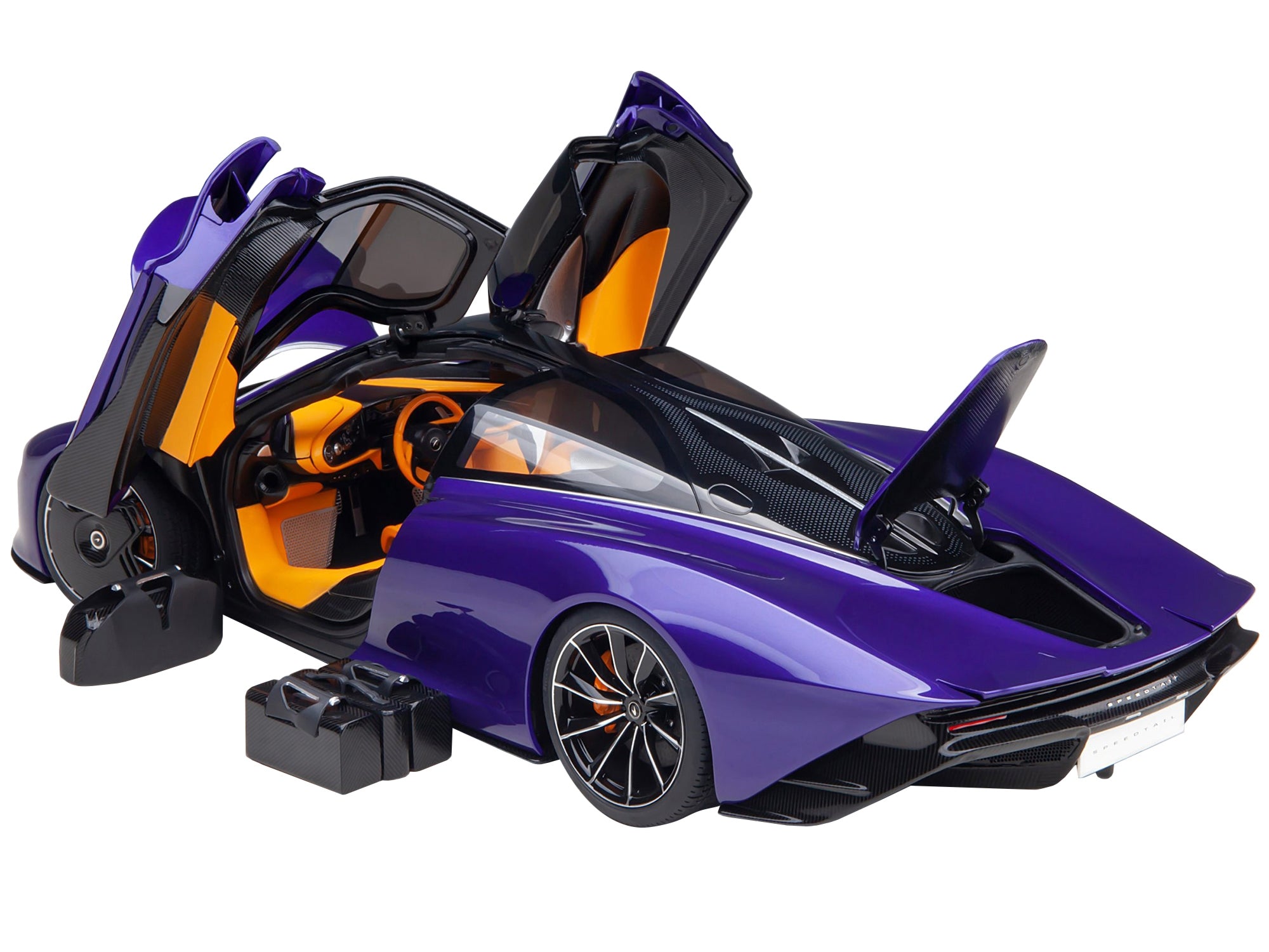 McLaren Speedtail Lantana Purple Metallic with Black Top and Yellow Interior and Suitcase Accessories  1/18 Model Car by Autoart