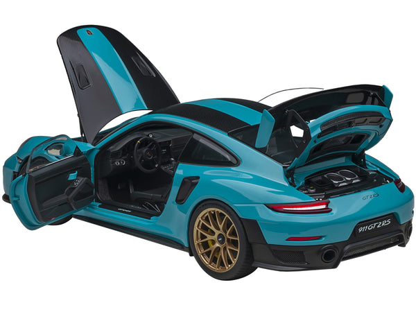 Porsche 911 (991.2) GT2 RS Weissach Package Miami Blue with Carbon Stripes 1/18 Model Car by Autoart