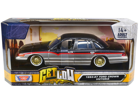 1993-1997 Ford Crown Victoria Lowrider Black Metallic and Silver with Red Stripes "Get Low" Series 1/24 Diecast Model Car by Motormax