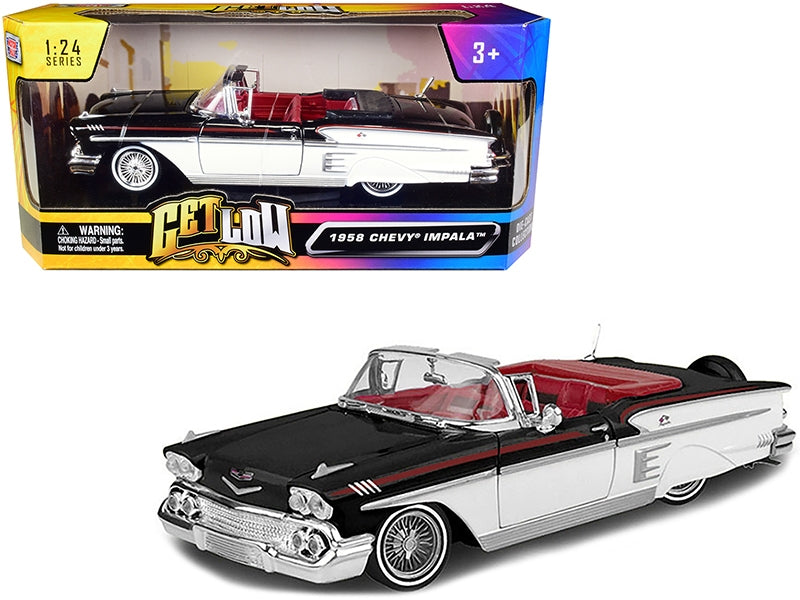 1958 Chevrolet Impala Convertible Lowrider Black and White with Red Interior "Get Low" Series 1/24 Diecast Model Car by Motormax