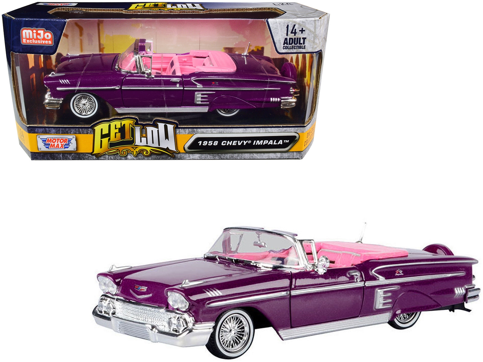 1958 Chevrolet Impala Convertible Lowrider Purple Metallic with Pink Interior "Get Low" Series 1/24 Diecast Model Car by Motormax