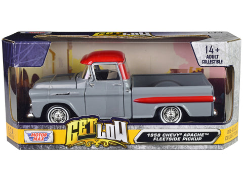 1958 Chevrolet Apache Fleetside Pickup Truck Lowrider Gray with Red Top "Get Low" Series 1/24 Diecast Model Car by Motormax