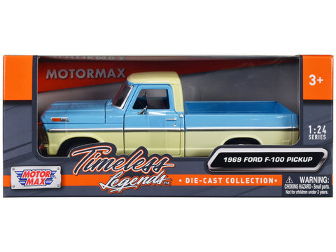 1969 Ford F-100 Pickup Truck Light Blue and Cream "Timeless Legends" Series 1/24 Diecast Model Car by Motormax